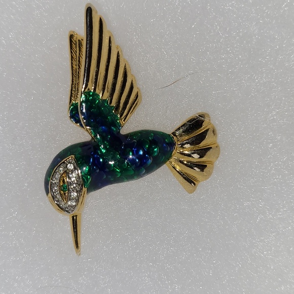 Hummingbird Brooch Green & Blue Enamel & Crystal Rhinestones Bird of Paradise 2" - Picture 2 of 8
